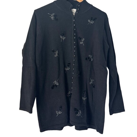 Vintage Victoria Jones Black Beaded Mock Neck Buttoned Sweater Cardigan, Size M - Picture 1 of 6